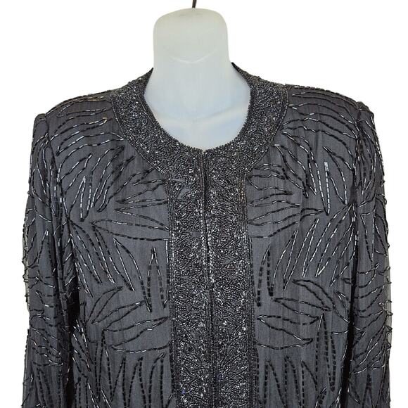 Vintage Beaded Silk Jacket Duster Coat Large Elegant Black Party Wedding Blazer - Picture 16 of 16